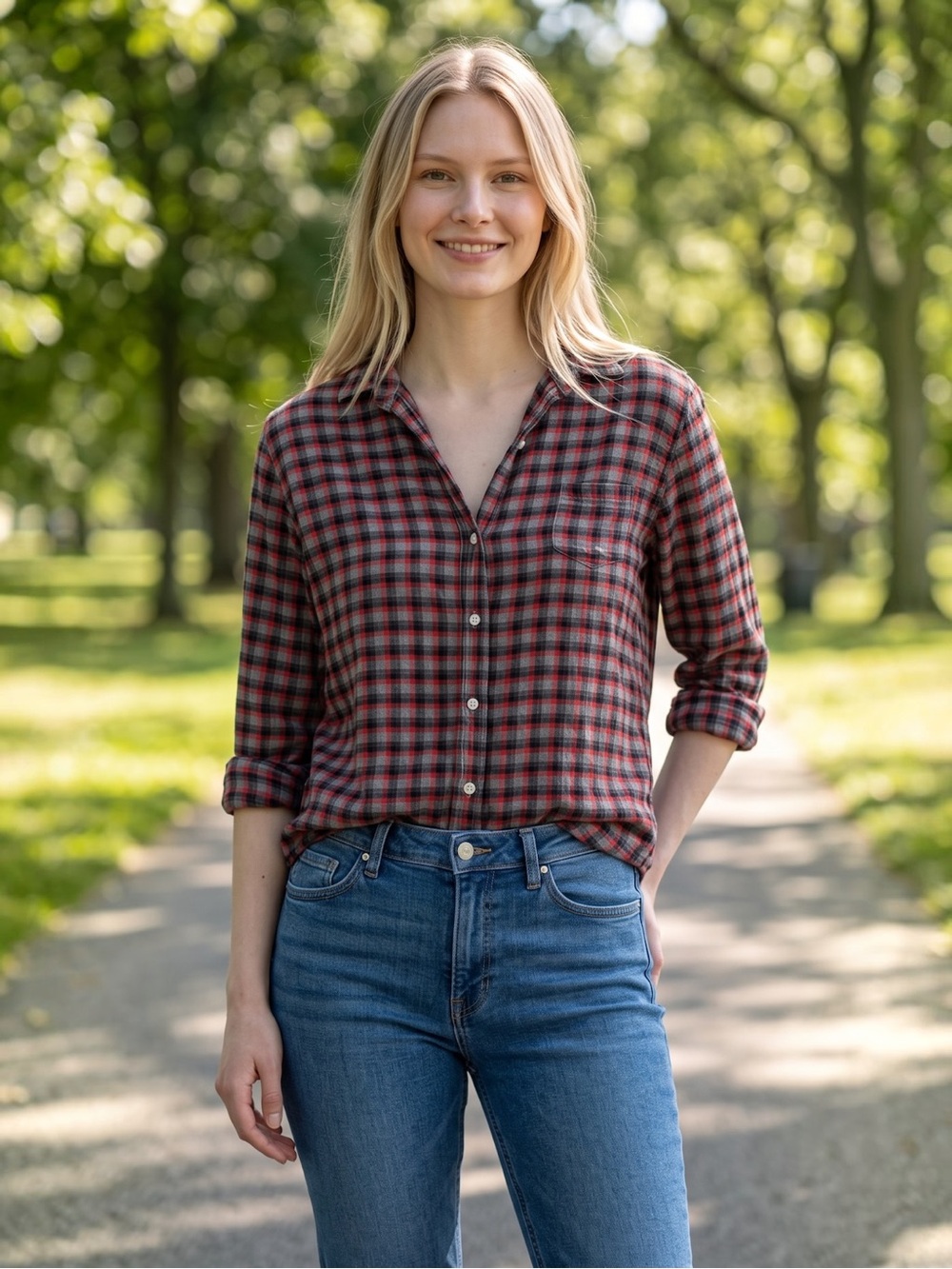 Frank & Eileen Red, Gray, and Black Plaid Lightwight Flannel Button-Down Shirt